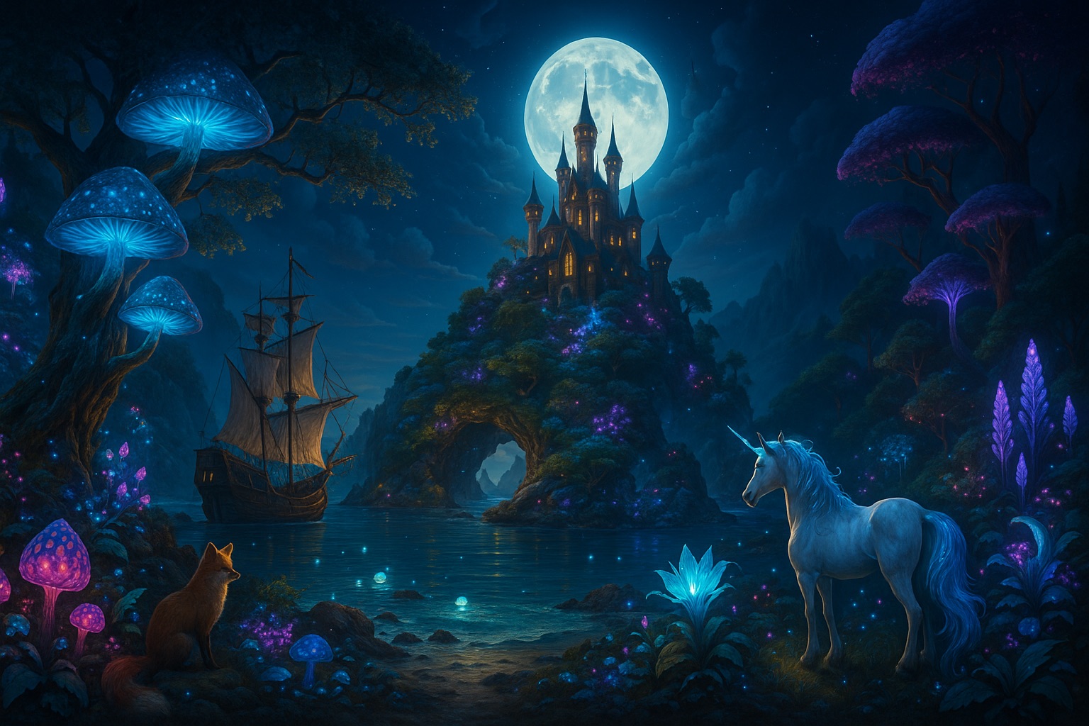 3D projection design of a magical island with a castle and creatures.